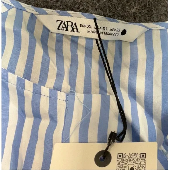 Zara ZW Collection Blue Striped Poplin Mini Dress Puff Sleeve Cotton XL NWT - Picture 4 of 9